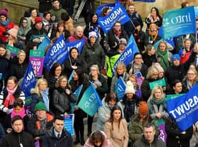 Teachers' unions members and supporters hold a strike rally in Guildhall Square on Tuesday morning. Photo: George Sweeney. DER2308GS 69