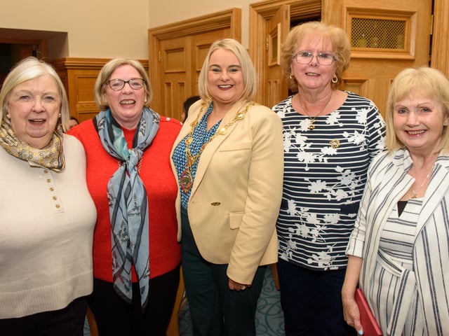 The Mayor Councillor Sandra Duffy welcomed members of the Order of Malta to the Guildhall where she presented the organisation with commemorative crystal in recognition of their contribution across the Derry City and Strabane District Council area. Included are Felicity Mairs, Antoinette Coyle, Majella Cassidy and Attracta Bradley Picture Martin McKeown. 06.02.23:Mayor of Derry City and Strabane District Council’s reception for Knights of Malta in the Mayor’s Parlour, Guildhall on Monday 6th February.