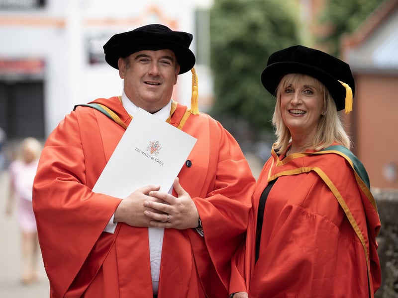 Dr Brian Crossan, School of Arts and Humanities; Professor Sonja McIlfatrick, Dean of the Ulster University Doctoral College at the Ulster University graduations in Derry on Monday July 8. (Photo: Nigel McDowell / Ulster University)