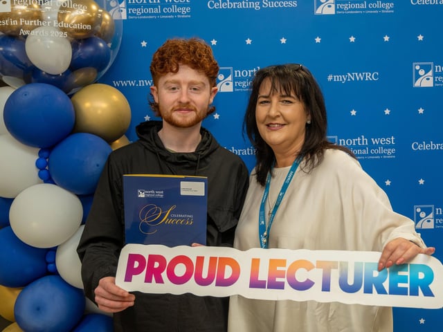 Proud lecturer Grainne McCollum with barbering student Caleb Donnell at the Best in Further Education awards held at North West Regional College in Strand Road.