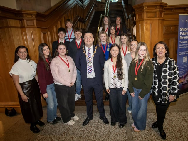 Pupils from Foyle School of Speech and Drama awarded with Special Recognition Award for Outstanding Performance at Grade 8 during Tuesday's event in the Guildhall. Included are the Mayor, Ruairi McHugh and Blathnaid and Sandra Biddle. (Photos: Jim McCafferty Photography)