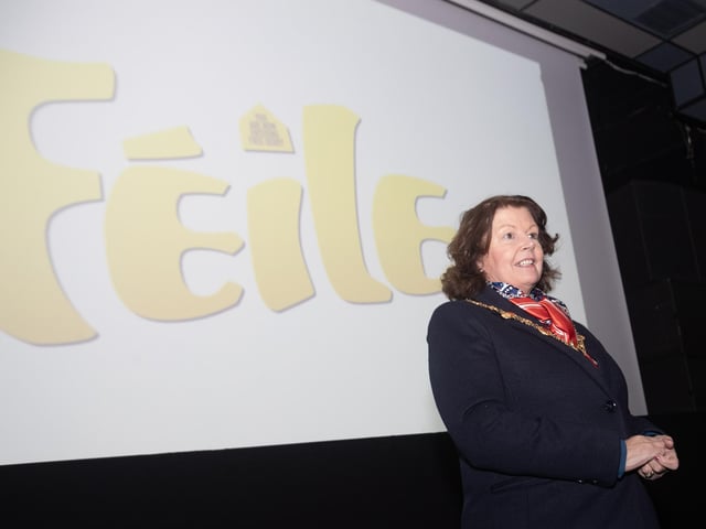 The Mayor, Patricia Logue addressing the capacity attendance at Monday's film premier 'Rath Mór Warriors - Release Your Inner Warrior' at the Nerve Centre, Derry.