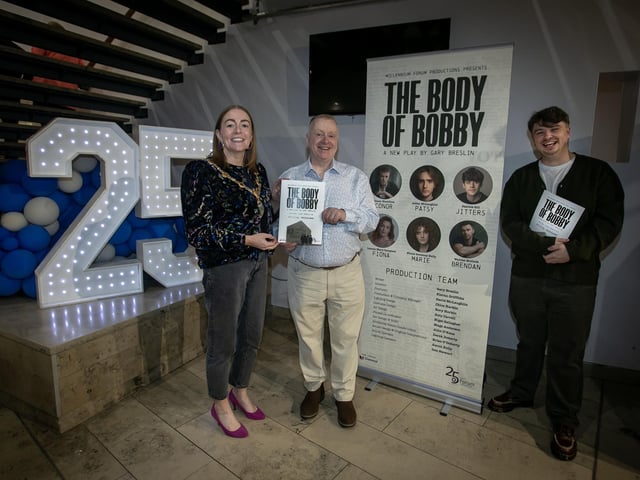 Gary pictured with the Mayor of Derry City and Strabane District Council, Grace Ui Niallais and David McLaughlin, Chief Executive, Millennium Forum at Thursday night's premiere of 'The Body of Bobby'. (Photos: Jim McCafferty Photography)
