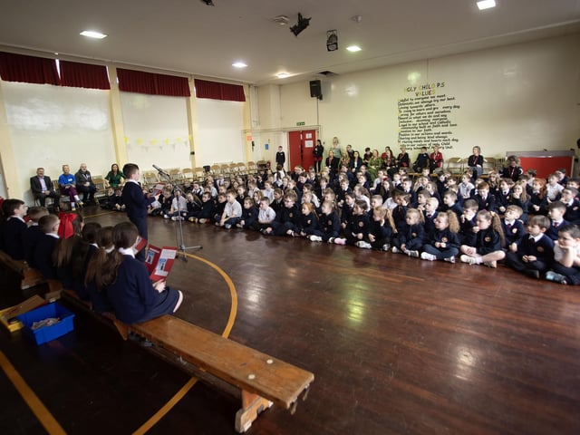 The Holy Child PS School Council addressing a special assembly at the school on Thursday when the Children's Commissioner Chris Quinn attended to open 'The Thrive Hive.'