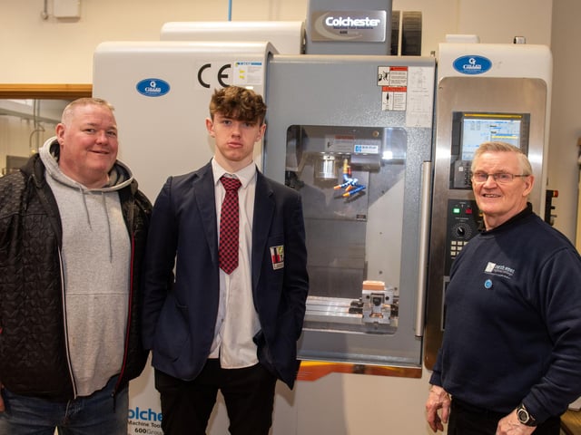 Jack Curran afrom Lisneal College pictured with Dad Gary and Mechanical Engineering Lecturer Mickey Friel at Open Day at NWRC's Springtown Campus.