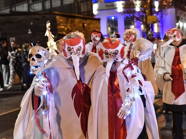 Derry’s ‘City of the Bones’ Halloween carnival parade makes its way along Strand Road on Friday evening. Photo: George Sweeney