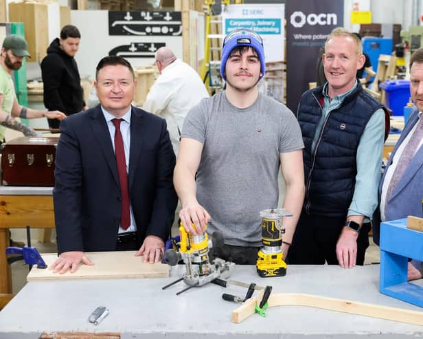 Pictured at the launch of SkillBuild NI Regional Competition 2025 are (l-r): Martin Flynn, Chief Executive OCN; Caine Tait, Carpentry and Joinery student SERC; Francis Rice, Principal Lecturer, Construction Trades SERC and Barry Neilson OBE, Chief Executive CITB NI.