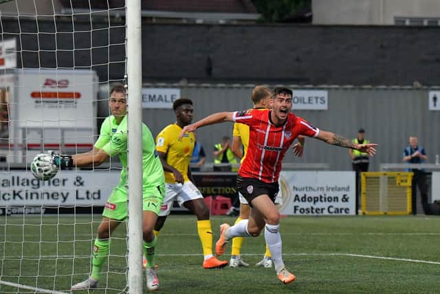 Cian Kavanagh celebrates scoring Derry City’s second goal against KuPs FC. Photo: George Sweeney. DER2330GS -