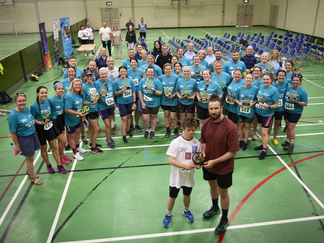Danny Quigley pictured with those who took part in Sunday’s Bogside and Brandywell Health Forum’s ‘Try-A-Tri’ at Templemore Sports Complex.