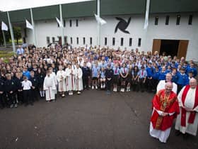 CONFIRMATION MASS OF THANKSGIVING. . . . .The Bishop of Derry Dr. Donal McKeown pictured with pupils from schools in the Three Patrons Parish who received the Sacrament of Confirmation this year, at a special Thanksgiving Mass at St. Brigid’s Church, Carnhill last week. Schools in attendance included St. Brigid’s PS, St. Paul’s PS, St. Therese PS, Greenhaw PS, St. Patrick’s PS, Pennyburn and Ardnashee School. Celebrating Mass with Bishop McKeown were Fr. McGaughey and Fr. O’Donnell. (Photos: Jim McCafferty Photography)