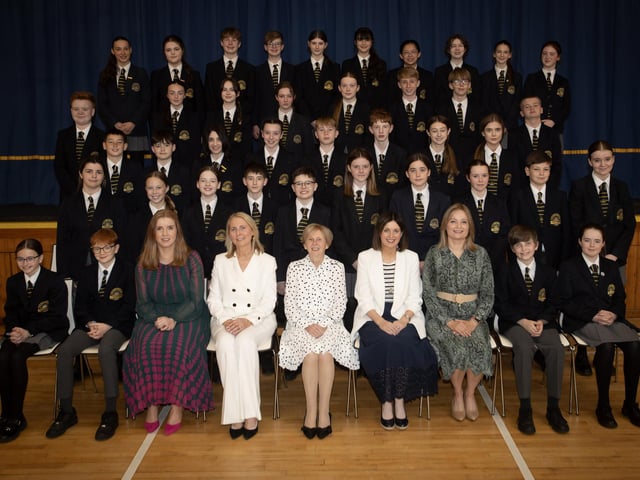 Lumen Christi College students who achieved School Ethos Awards pictured with Mrs Nora Dobbins (Senior Teacher), Mrs Brónach O’Hare (Vice Principal),  Dr Marie Ferris (Principal), Ms Maeve McMenamin (Senior Teacher), Ms Catherine Hughes (Senior Teacher). (Photos: Jim McCafferty Photography)