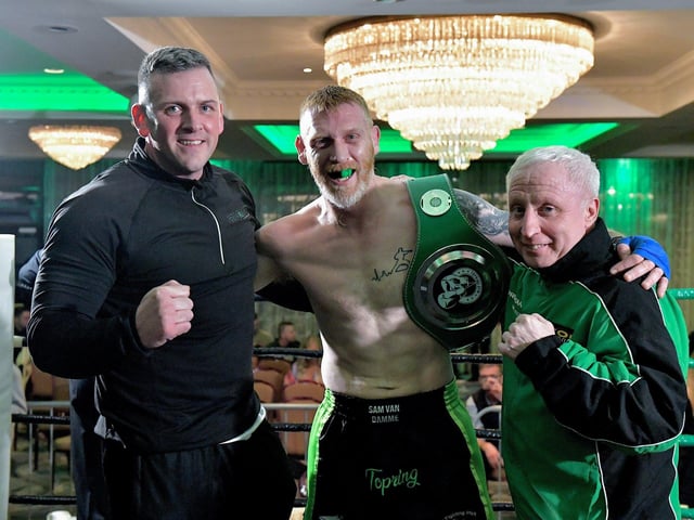 Top Ring’s Sam Ireland defeated Kickfit’s Aodhan Logue in a Lightheavy bout, on Saturday evening last, in the Everglades Hotel. Photo: George Sweeney.  DER2312GS – 88