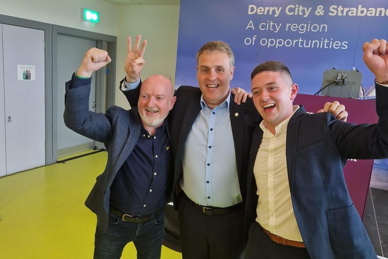 Sinn Féin's Brian Barney Harte, Fergal Leonard and Paul Boggs celebrate being elected for Sperrin.