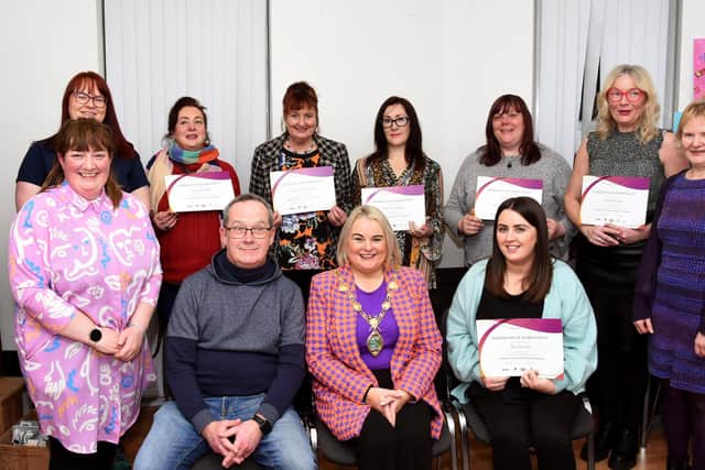The Mayor of Derry City and Strabane District Council pictured after presenting the certificates at the Good Relations Women’s Well Being Programme presentation in the Waterside Women's Centre on Wednesday evening. The course was funded by the Housing Executive. Standing L- R- Cathy Malcolm, Course Facilitator, CM Consultany, Anne Marie Campbell, Health Hub, Emer McCallion, Cathy McLaughlin, Samantha Higgins, Amanda Boyd, Shirley McClean, and Norma Buchanan HE Team Leader. Seated at front, Eddie Breslin, Good Relations Officer, HE and Ena Gormley, Waterside Women’s Centre. (Photos: Jim McCafferty Photography)