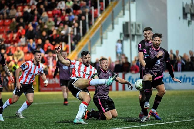 Dundalk’s Andy Boyle blocks a goal bound shot from Derry City’s Pat Hoban in injury time. Photograph: George Sweeney