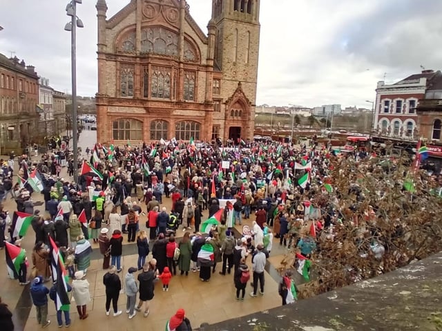 Thousands participate in Derry rally for Palestine calling for a ceasefire in Gaza on January 13, 2024
