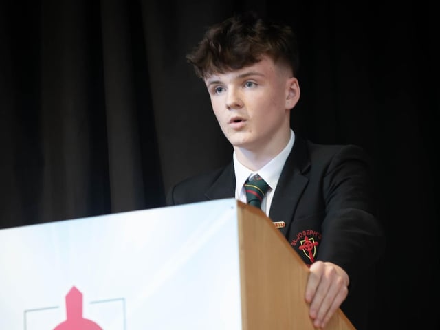 Ciaran Mullan, Head Boy, St. Joseph's Boys School, addressing the attendance at the school's Annual Senior Prizegiving last week.