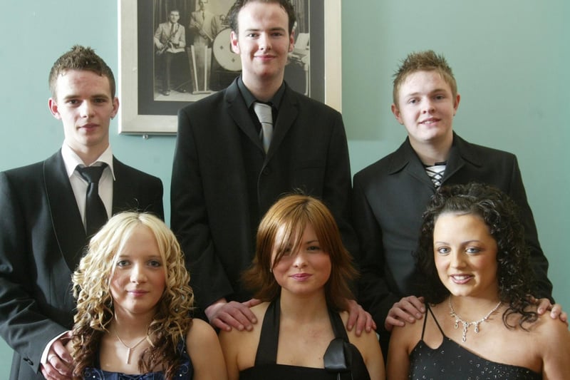 Jenny Fossett, Bronagh O'Doherty and Sarah Devenney with partners Garvan O'Connor, Damian Arnold and Philip Kelly. Attendees at the formal in Strabane in April 2004