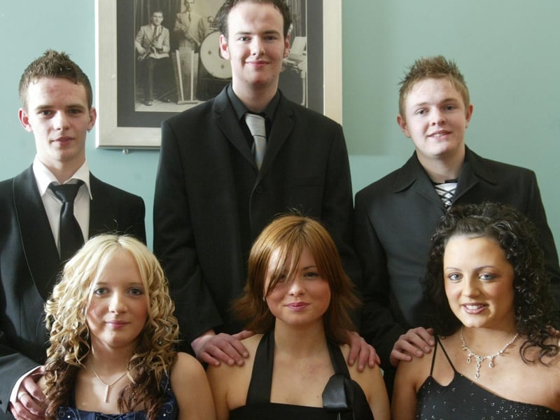 Jenny Fossett, Bronagh O'Doherty and Sarah Devenney with partners Garvan O'Connor, Damian Arnold and Philip Kelly. Attendees at the formal in Strabane in April 2004