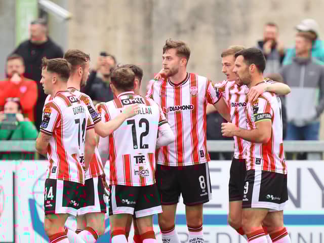 Derry City players celebrate after Will Patching's penalty kick against Drogheda last weekend. Photograph by Kevin Moore.