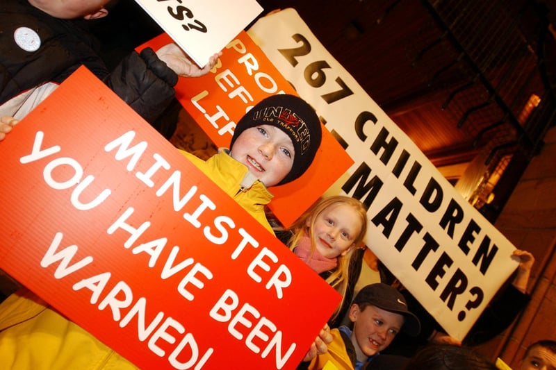 Some of the children pictured at the demonstration at Derry's Guildhall by residents of Grangemore protest against the access road to the proposed development of a further 600 houses.