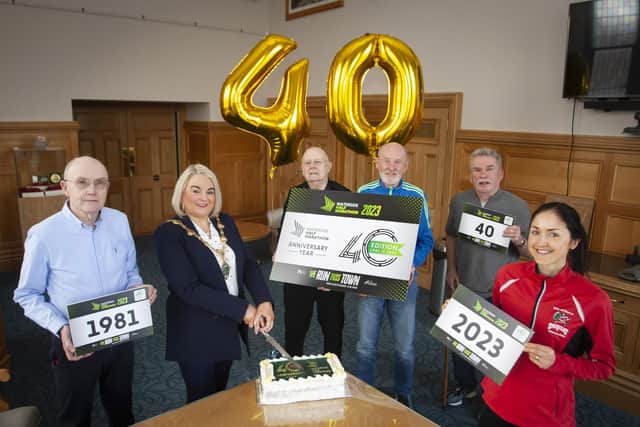 WATERSIDE HALF MARATHON LAUNCH. . . . .Group pictured at the launch of the Waterside Half Marathon 2023 in the Guildhall on Thursday afternoon last. This is the 40th anniversary of the race started away back in 1981. From left are Gerry Craig, the Mayor, Sandra Duffy, Dennis McGowan, Gerry Lynch, Micky McDermott and Catherine Whoriskey. (Photos: Jim McCafferty Photography)