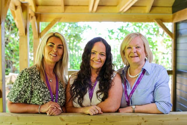 Credit ©Lorcan Doherty : From left; Rosin Hamill, Childcare- Co-ordinator, Foyle Women’s Aid, Sharon Hutchinson, Finance Assistant, Irene Wilson, Volunteer.