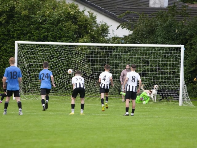 Oxford score a penalty to go 1-0 up against Oliver Plunkett in the u-16 Foyle Cup match at St. Columb’s Park, Derry on Tuesday night. (Photos: Jim McCafferty Photography)