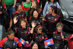 Ladies footballers from Asia taking part in the FRS GAA World Games opening parade on Monday evening.  Photo: George Sweeney. DER2330GS -
