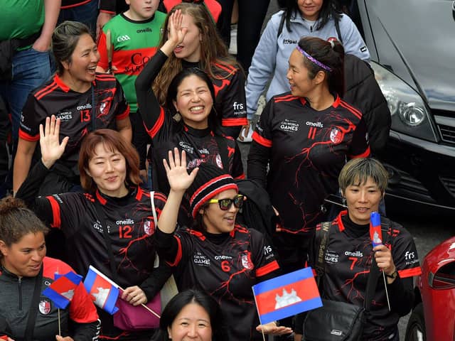 Ladies footballers from Asia taking part in the FRS GAA World Games opening parade on Monday evening.  Photo: George Sweeney. DER2330GS -