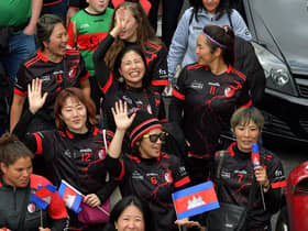 Ladies footballers from Asia taking part in the FRS GAA World Games opening parade on Monday evening.  Photo: George Sweeney. DER2330GS -