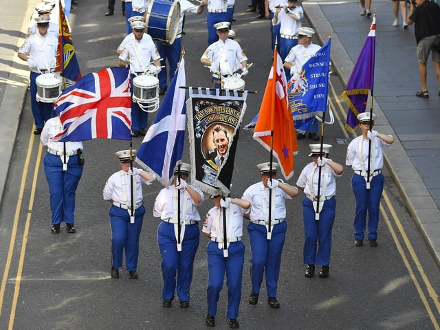 Orangemen take part in the July 12 celebrations in Derry’s city centre on Saturday morning. Photo: George Sweeney