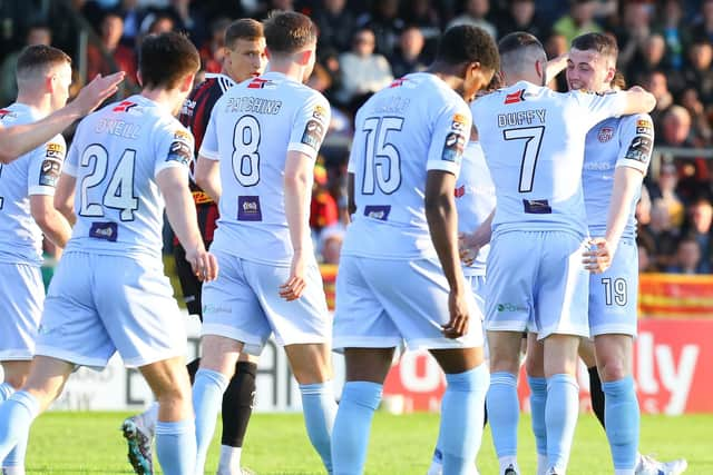 Derry City winger Ryan Graydon celebrates his goal against Bohemians in the first half at Dalymount Park. Photograph by Kevin Moore.