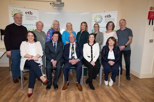 Further Education and Training (FET) students in the Buncrana area received course certificates at an Awards Night on 8th April celebrating the exceptional achievements of students who finished NFQ Level 4 and 5 courses in May 2023 and 2024 . Pictured at the event are FET Staff, Michelle Stevenson, Charles Gourney, Donegal ETB Adult Education Office, Cllr. Donal Coyle, Donegal ETB Chairperson, Dainelle McGee, Donegal ETB and Alison Stevenson. Back from left are Alan Murphy, Siobhan Coughlan, Anne Tinney, Elaine Devlin, Alison McGee, Claire Curran, Sinead Doherty and Sean Lee. Photo Clive Wasson