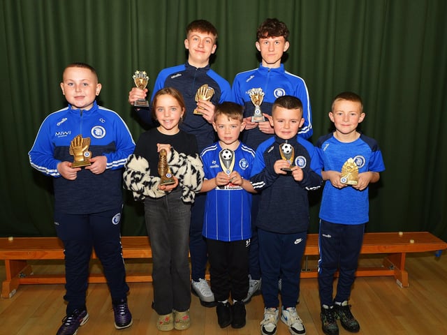 'Most Promising Players' and 'Save of the Season' award winners pictured at the Trojans FC annual Youth Presentation held in St Cecilia’s College. Photo: George Sweeney
