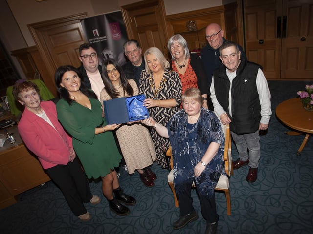 WELL DONE GOOD MORNING NORTH WEST!. . . . .The Mayor of Derry City and Strabane District Council, Sandra Duffy pictured with Good Morning North West staff and volunteers at a reception in the Guildhall on Tuesday evening to mark the recognition of the dedication by the group to the community within the city and district throughout this past number of years. Included from left are Mary O’Neill, Michaela Stevenson, Joe Cullen, Nicole Knight, Noel O’Donnell, Lily Barr, Marie Rafferty, John Divin and Peter McDonald. (Photos: Jim McCafferty Photography)
