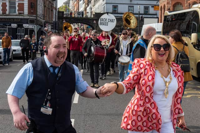 The Mayor, Sandra Duffy, leading the Second Line parade on Saturday.