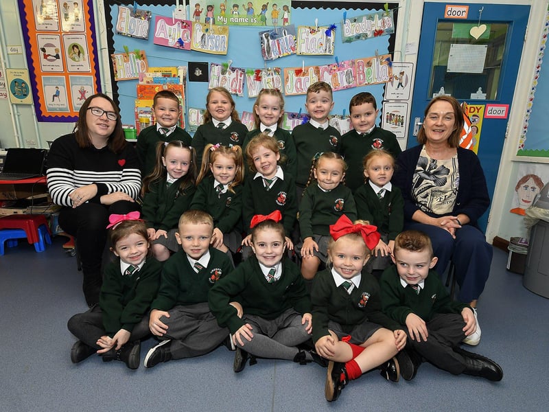 Miss Wilson and Miss Montgomery pictured with P1 pupils at Greenhaw Primary School.