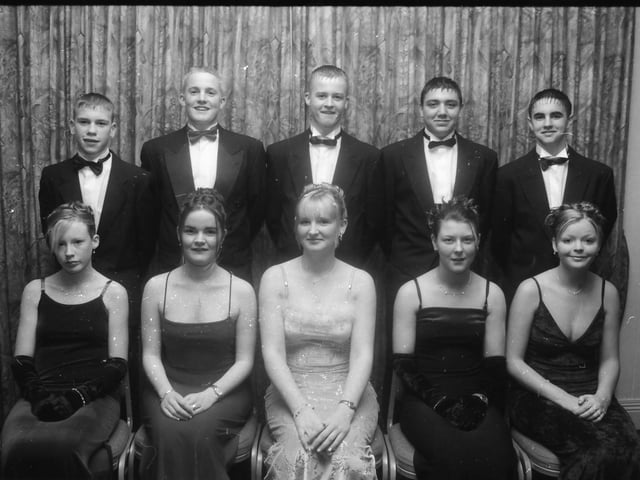 Seated, from left, are Kim Harkness, Amy Rutherford, Kelly Boyd, Leanne Hetherington and Nicola Orr. Standing, from left, are Gerry King, Thomas Thompson, Peter Abbit, Joseph Lath and John Simpson at the Clondermott High School Annual Formal in November 1999.