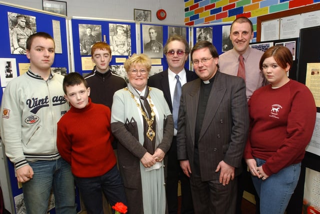 The Mayor, Richard Moore of Children In Crossfire and Dean Morton with youth worker Alan Warke and young people at the launch of the cross-community and cross-border Youth Somme project.