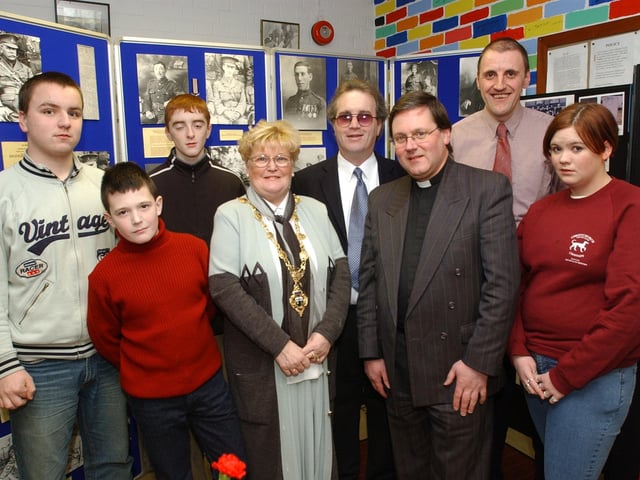 The Mayor, Richard Moore of Children In Crossfire and Dean Morton with youth worker Alan Warke and young people at the launch of the cross-community and cross-border Youth Somme project.
