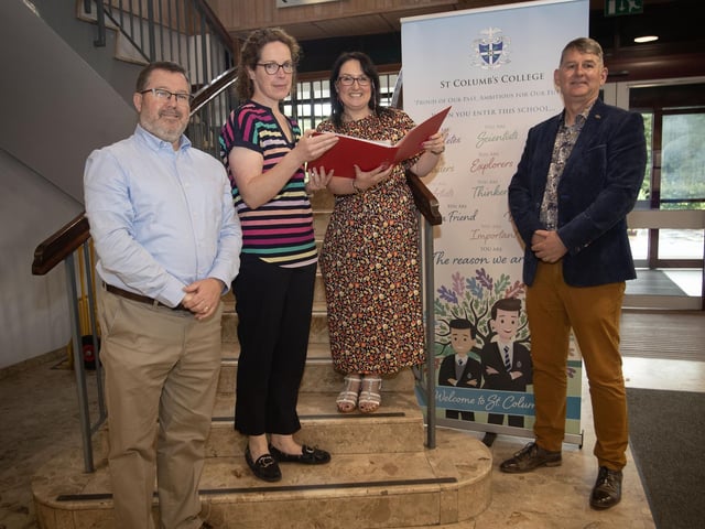 A LEVEL RESULTS . . . .St. Columb's College Principal Mrs. Caroline McLaughlin pictured on Thursday morning with Vice Principals (from left) - Mr. Johnston, Mrs. Grimley and Mr. Keys. (Photos: Jim McCafferty Photography)