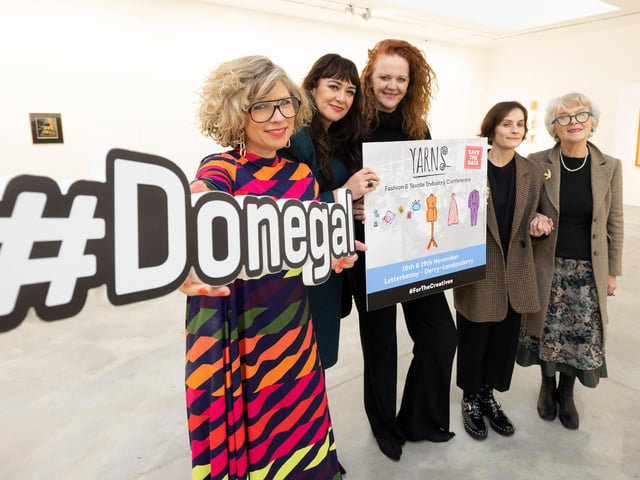 (From Left) Designer Sonya Lennon, Grace Korbel, Assistant Head of Enterprise, Paula Hughes, Creative Fashion Consultant, Aisling Farinella, Stylist & Creative Consultant, and Deirdre McQuillan, Fashion Editor for The Irish Times, attend the official launch of the Yarns seminar in the Regional Cultural Centre in Letterkenny.Picture By Joe Dunne 19/11/22:.