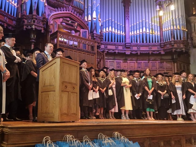 The Mayor of Derry City and Strabane District Council, Colr. Ruairí McHugh, congratulating graduates of Ulster University’s School of Medicine, at their historic graduation ceremony in the Guildhall on Monday.