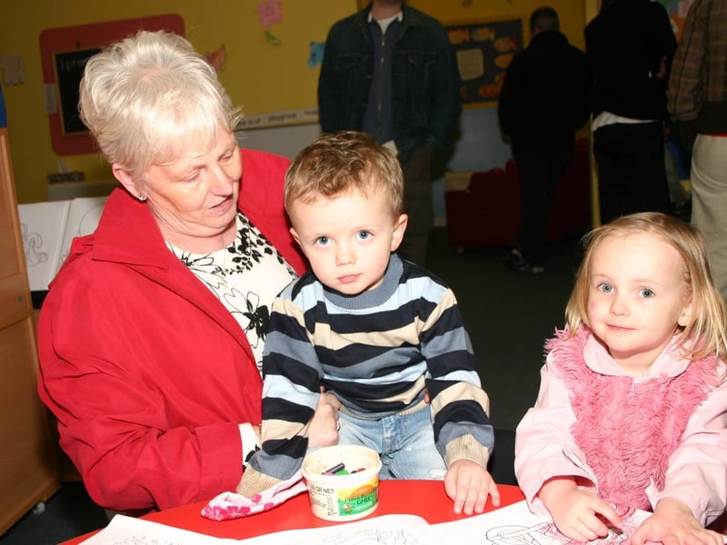 Granny Helen pictured with Birthday Boy Fearghal and Bronagh at the birthday party. 5065dd : Parties and celebrations in Derry in April 2005.