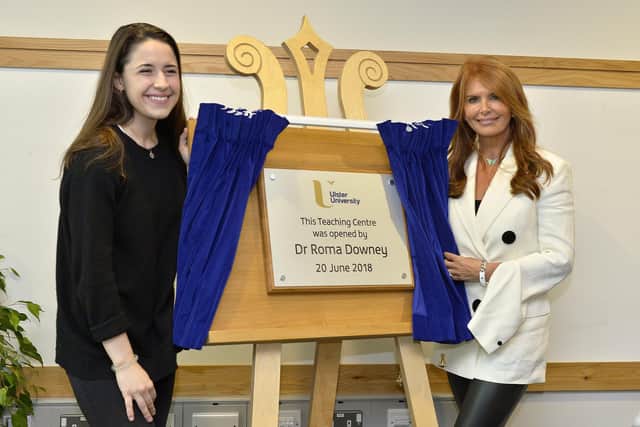 Dr Roma Downey and Reilly at the official opening of the Magee College teaching block in 2018.