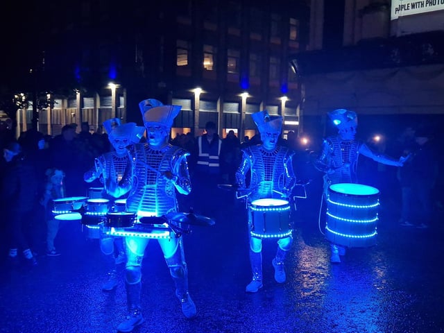 The amazing colourful drum band Spark! performing during Derry Halloween 2024.
