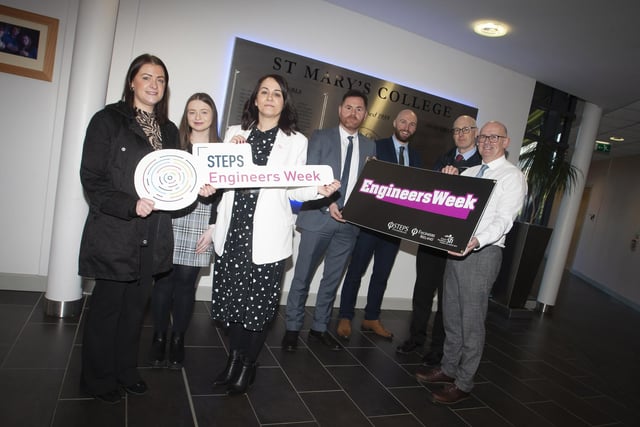 ENGINEERS WEEK. . . . .Teaching staff from some of the schools who took part in St. Mary’s College Engineers Week on Wednesday last. From left are Alana McCrudden, Lisneal College, Roisiin Love, St. Brigid’s College, Yvonne Connolly, St Mary’s, Conor Lynch, St. Mary’s, Gavan Quigley, St. Brigid’s, Alistair Moore, Foyle College and Gavin Molloy, St. Mary’s College. (Photos: Jim McCafferty Photography)