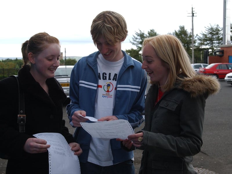 GCSE results brought smiles to the faces of Clondermott High School pupils, from left, Natasha Hamilton, Mark Anderson and Toni Lee Carr.