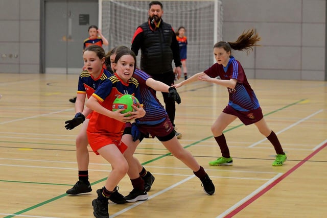 Steelstown in action against St Jiohn’s in the Derry City Primary School Girls’ Indoor Gaelic Football Finals Day at the Foyle Arena on Friday afternoon. Photo: George Sweeney. DER2308GS –125